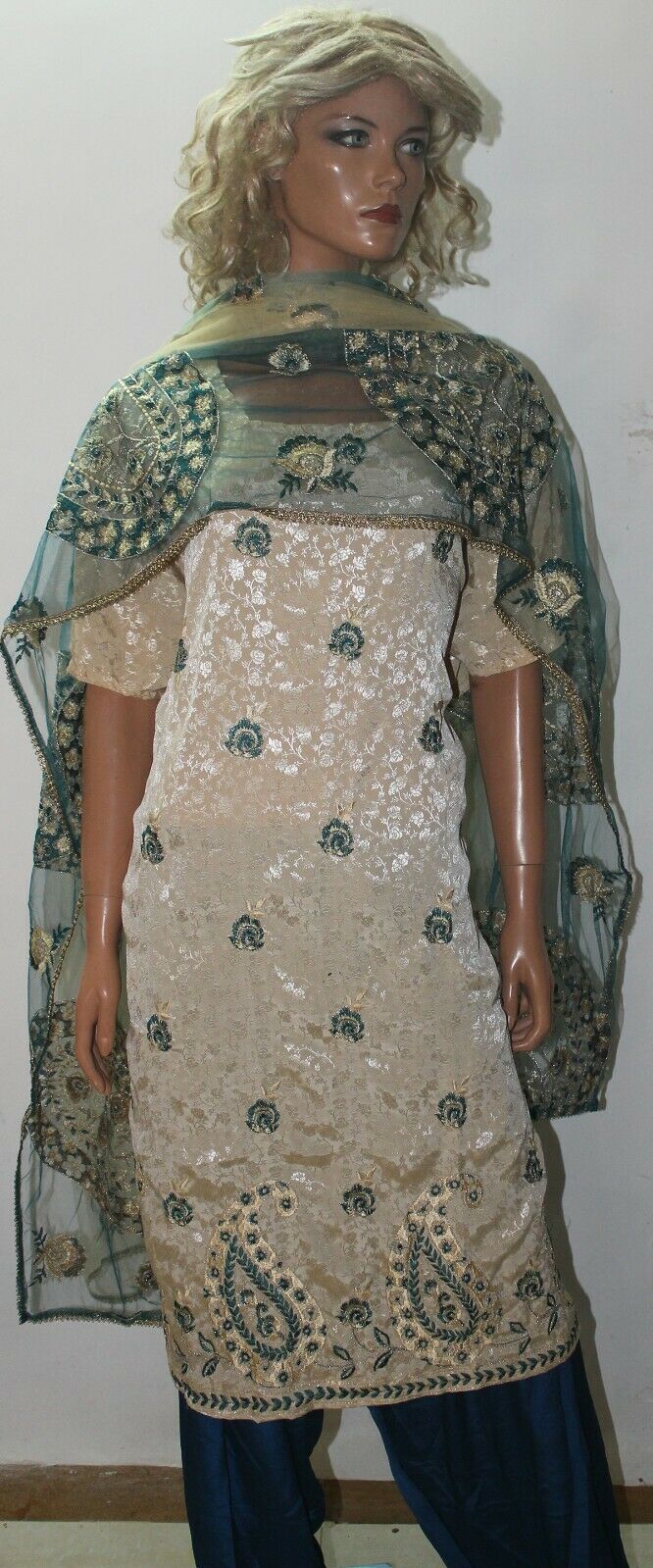 Ivory &Teal Embroidered Suit Designer Soft  Crepe Salwar kameez  Plus size 56