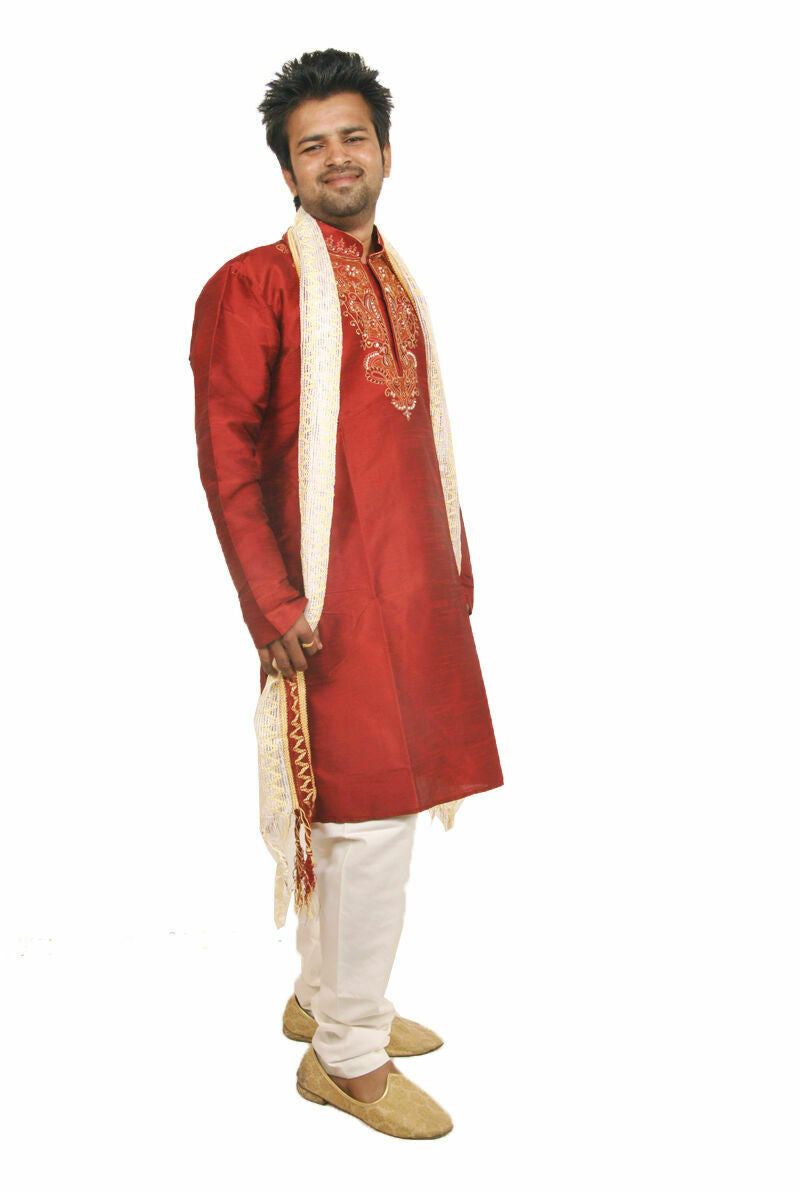 Red Silk Designer Embroidered Indian Dress Wedding Kurta Sherwani Pajama Set