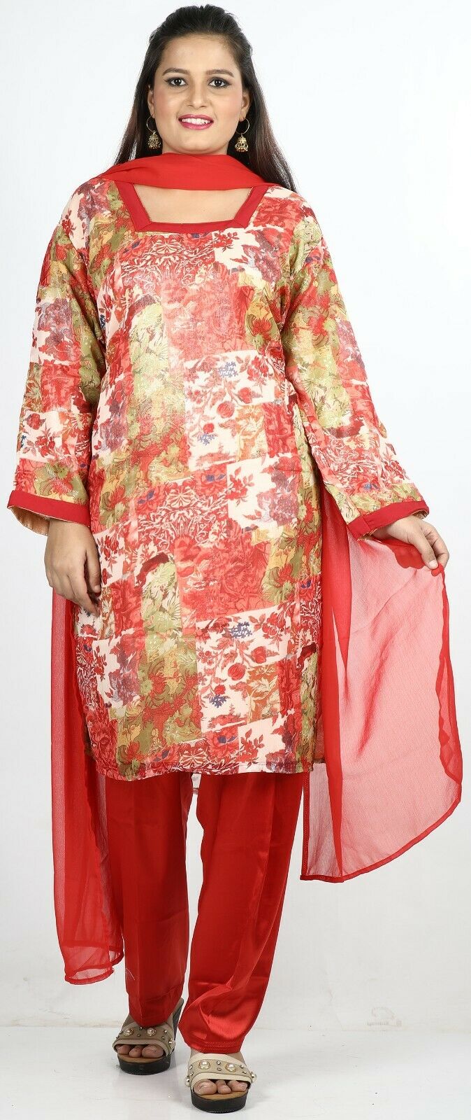 Red Floral Print Summer Salwar Kameez Plus chest 52 Full sleeves Fast ship New