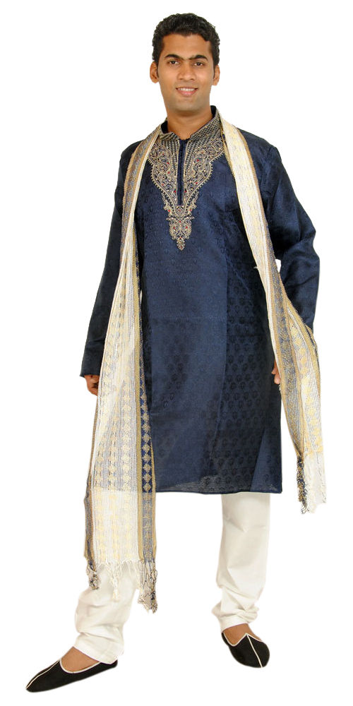 Apparelsonline Blue Men’s Kurta Sherwani Pajama Set with Dupatta Shawl Plus Sizes Up to 8XL