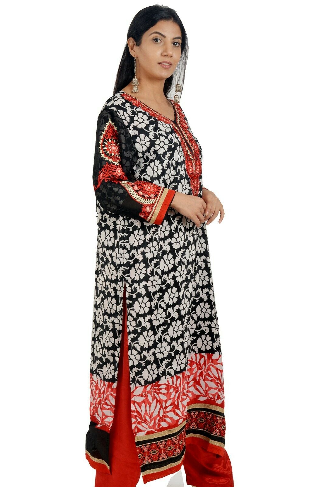 Black Red Embroidered   Salwar kameez Chest size 44  Fast ship  5 day