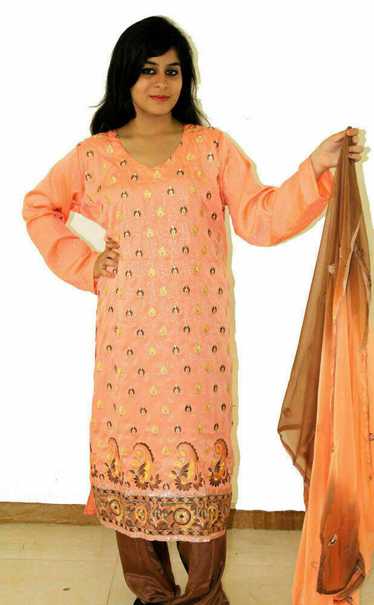 Peach Crepe Catlog Embroidered Dress  Suit  Salwar kameez  Plus size 50