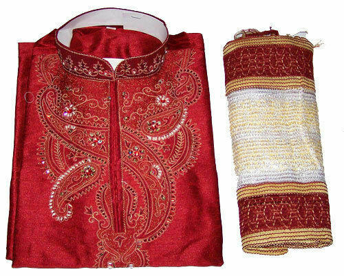 Red Silk Designer Embroidered Indian Dress Wedding Kurta Sherwani Pajama Set