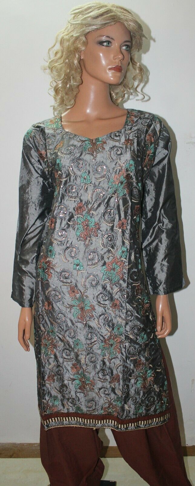 Grey Embroidered  Silk Wedding  Collections  Salwar kameez Chest Plus Size 50