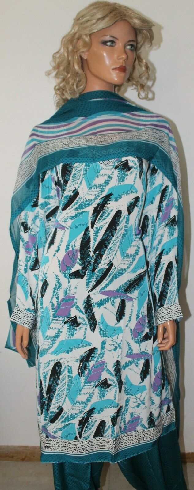 Blue Phulkari Print Kurta Dupatta  Dress Suit  Salwar kameez  Plus size 50