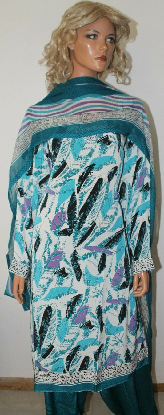 Blue Phulkari Print Kurta Dupatta  Dress Suit  Salwar kameez  Plus size 50