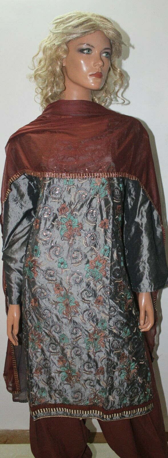 Grey Embroidered  Silk Wedding  Collections  Salwar kameez Chest Plus Size 50