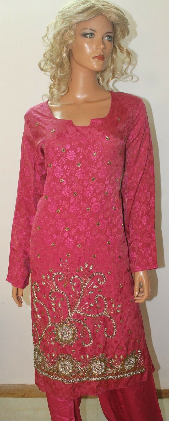 Hot Pink Hand Beaded Self Floral Print Pure Crepe Wedding  Salwar kameez size 50