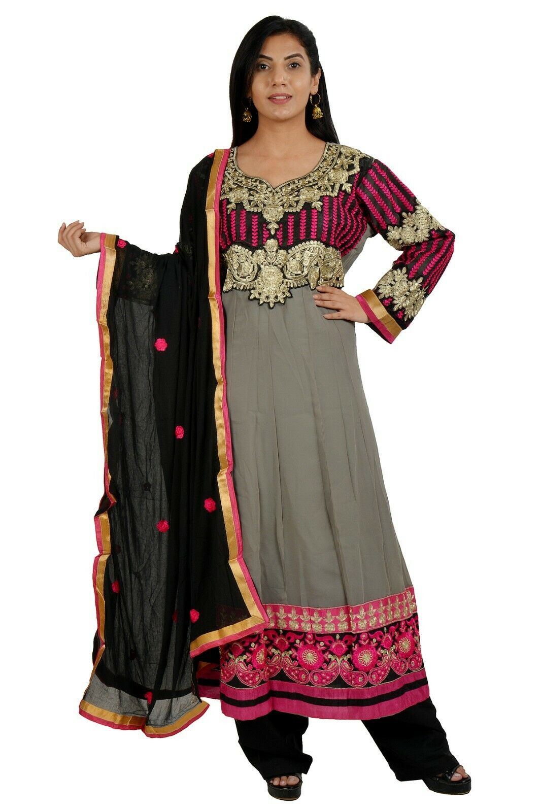 Grey anarkali  Embroidered   Salwar kameez Chest size 44  Fast ship  5 day