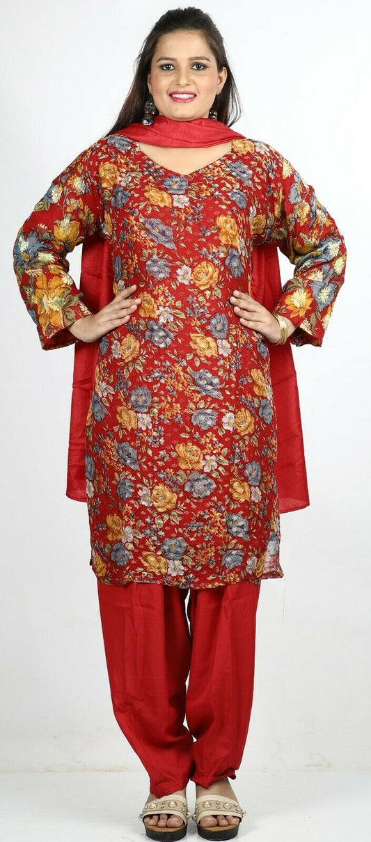 Red  Floral Print Summer Salwar Kameez Plus chest 56 Full sleeve Fast ship New