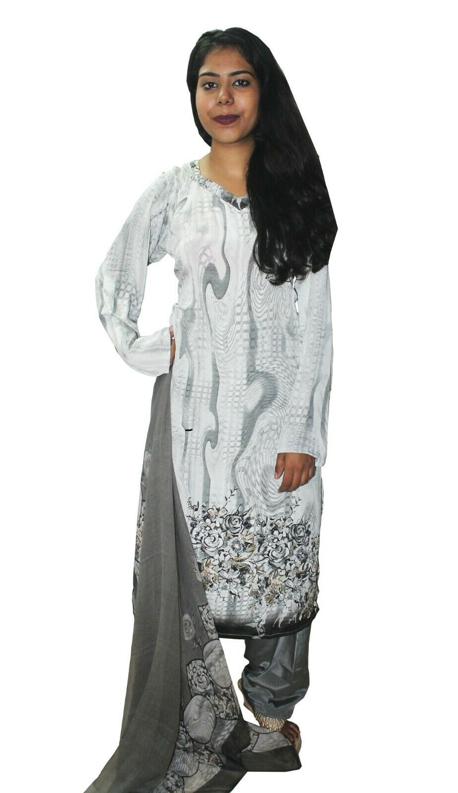 White Grey Crepe Designer Salwar kameez Kurta Dupatta pakistani Suit  Size 44