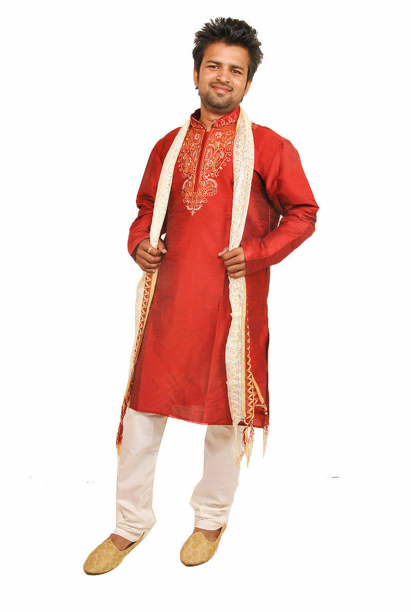 Red Silk Designer Embroidered Indian Dress Wedding Kurta Sherwani Pajama Set