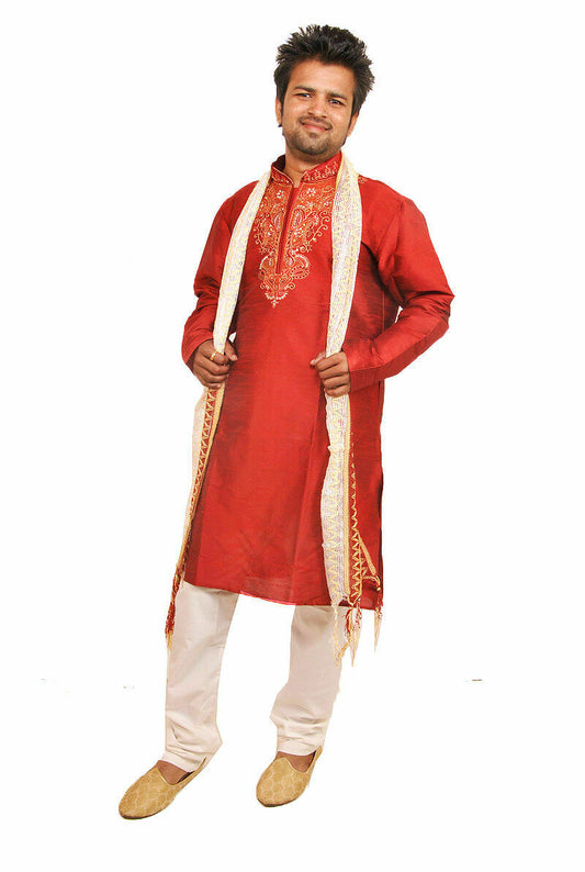 Red Silk Designer Embroidered Indian Dress Wedding Kurta Sherwani Pajama Set