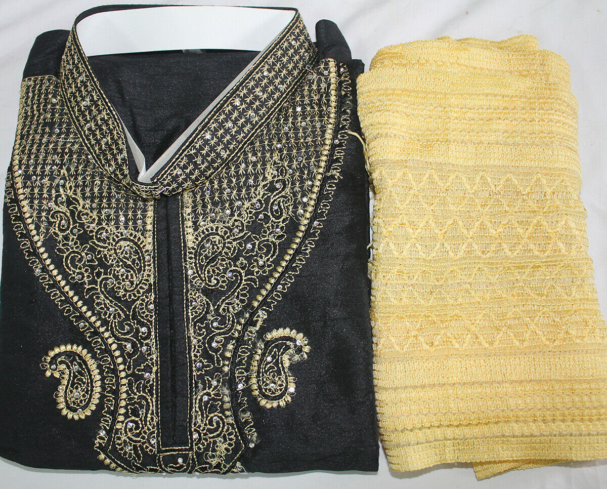 Black Gold  Silk Men Kurta Pajama Shawl Traditional Indian Clothing Sizes XS to 7XL