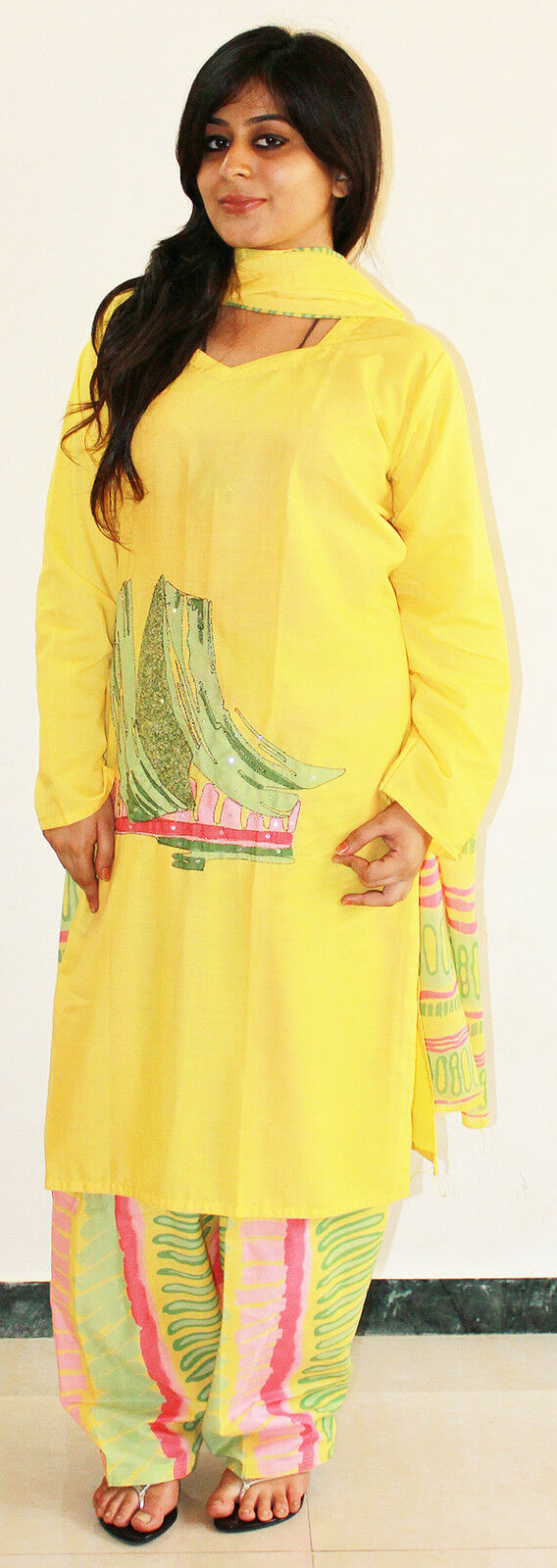 Yellow Exclusive Designer salwar kameez party wear Cotton suit sz 44 Indian