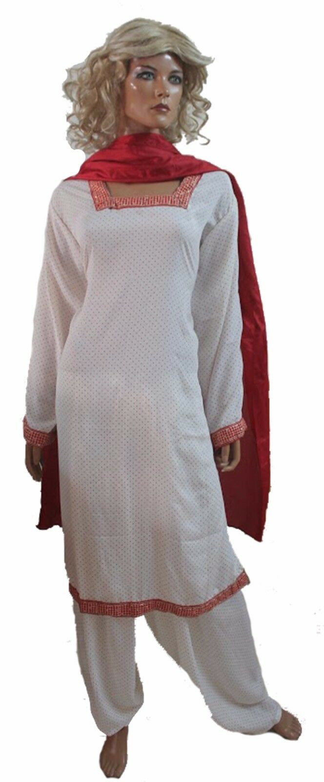 White  Red Designer  Salwar Kameez  Dupatta Chest Plus sizes