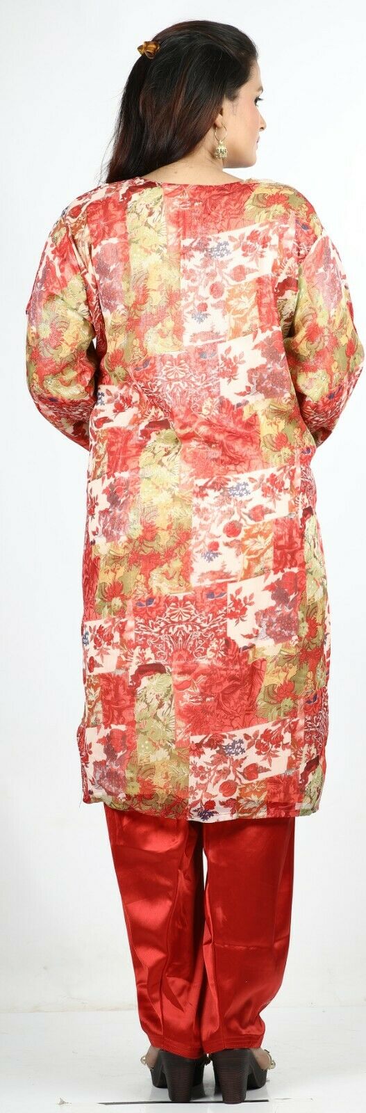 Red Floral Print Summer Salwar Kameez Plus chest 52 Full sleeves Fast ship New