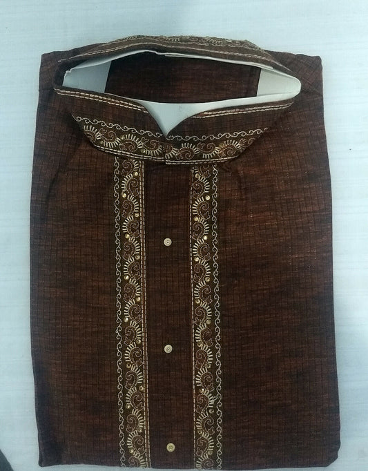 Brown Embroidered  Cotton  Men Kurta Shirt Pajama Small  fast ship 3 day