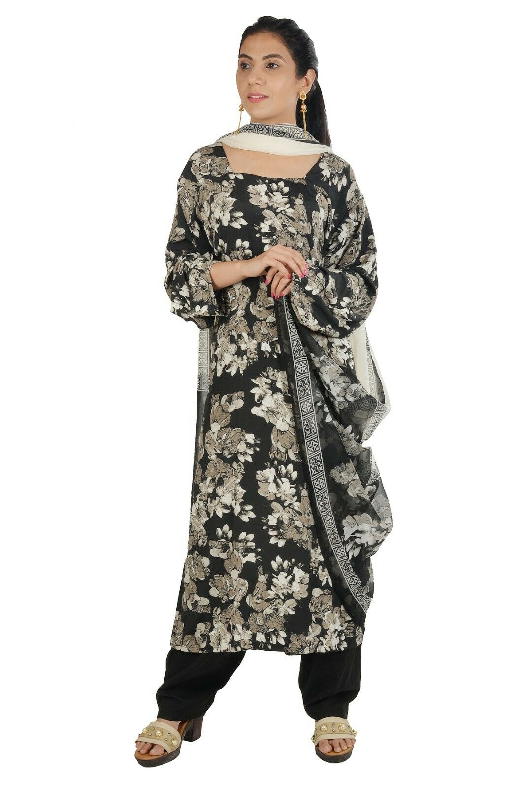 Black Crepe Floral Print Salwar Kameez plus size 48 Fast shipping within 6 day