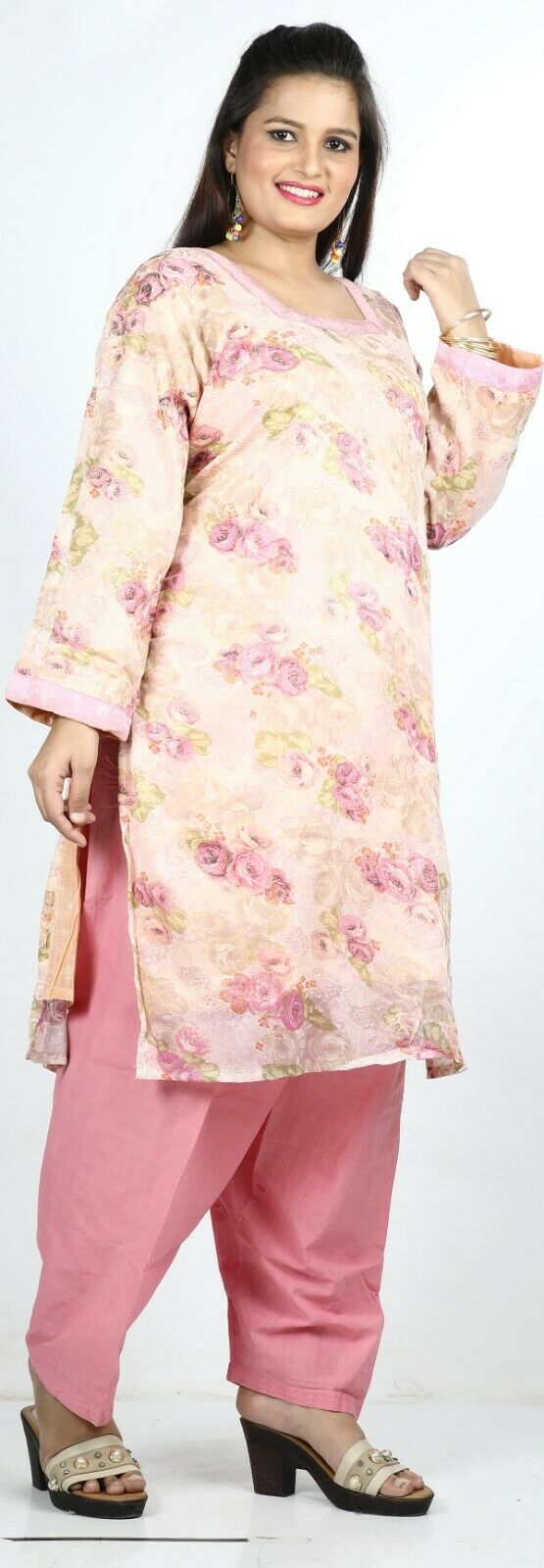 Pink Floral Summer   Salwar Kameez Plus chest 52  Stitched Ready Wear Full sleeve
