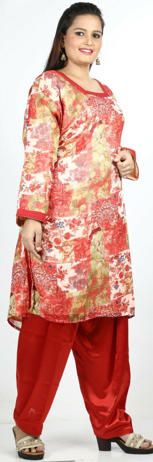 Red Floral Print Summer Salwar Kameez Plus chest 52 Full sleeves Fast ship New
