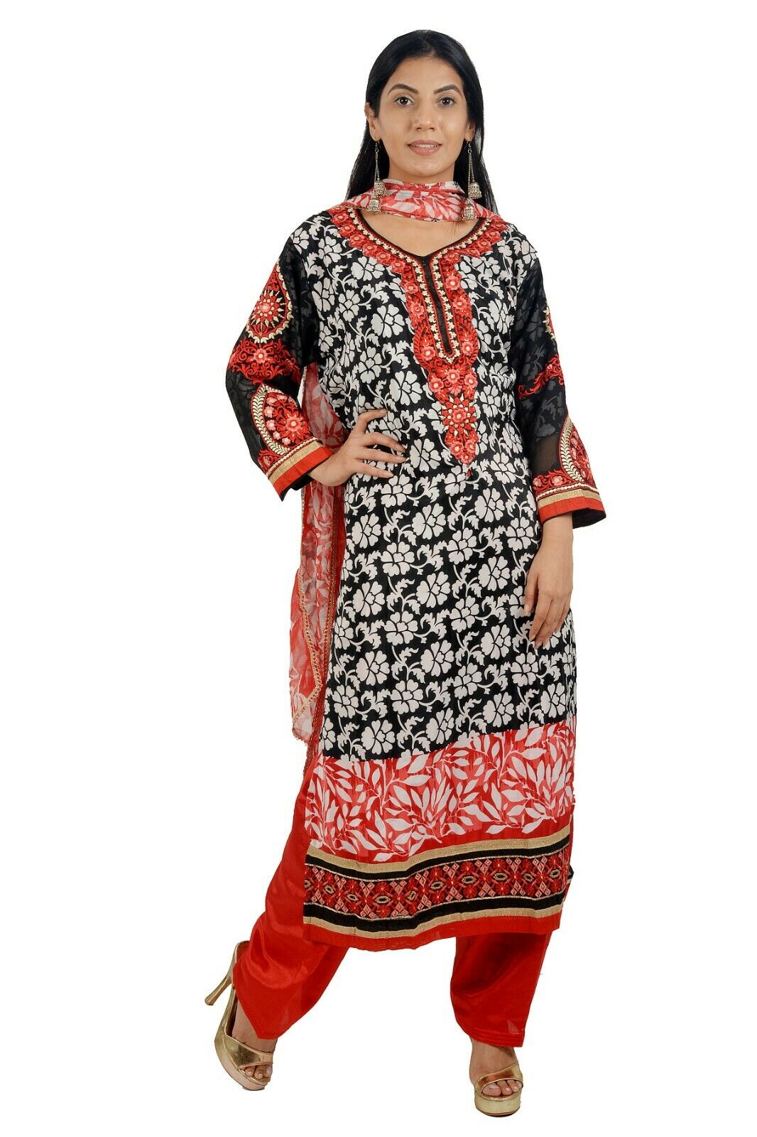 Black Red Embroidered   Salwar kameez Chest size 44  Fast ship  5 day