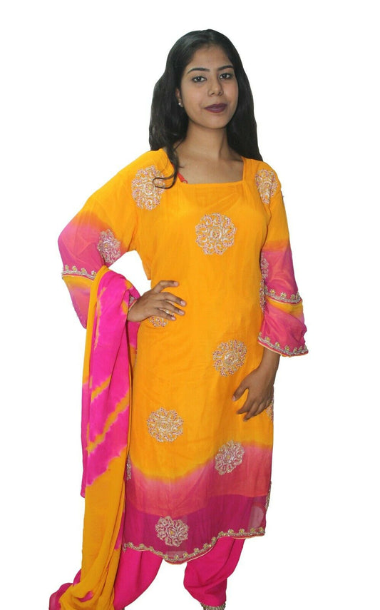Yellow Pink  Designer Salwar kameez Kurta Dupatta pakistani Suit Plus Size 48
