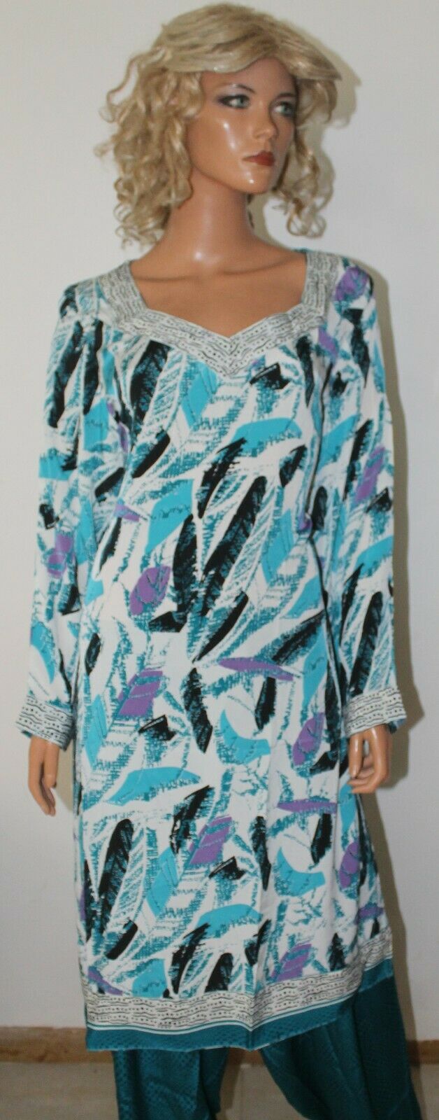 Blue Phulkari Print Kurta Dupatta  Dress Suit  Salwar kameez  Plus size 50