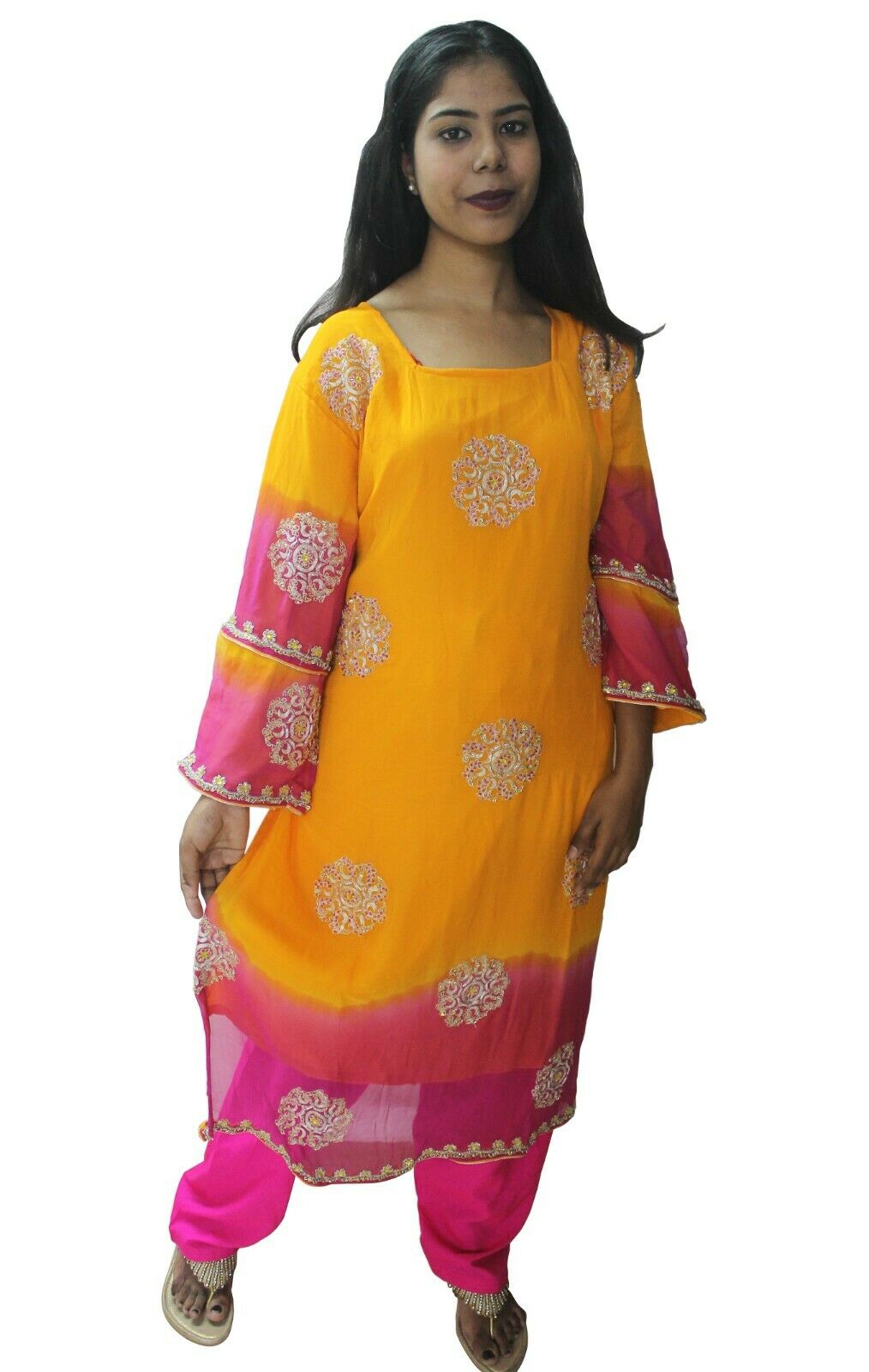 Yellow Pink  Designer Salwar kameez Kurta Dupatta pakistani Suit Plus Size 48