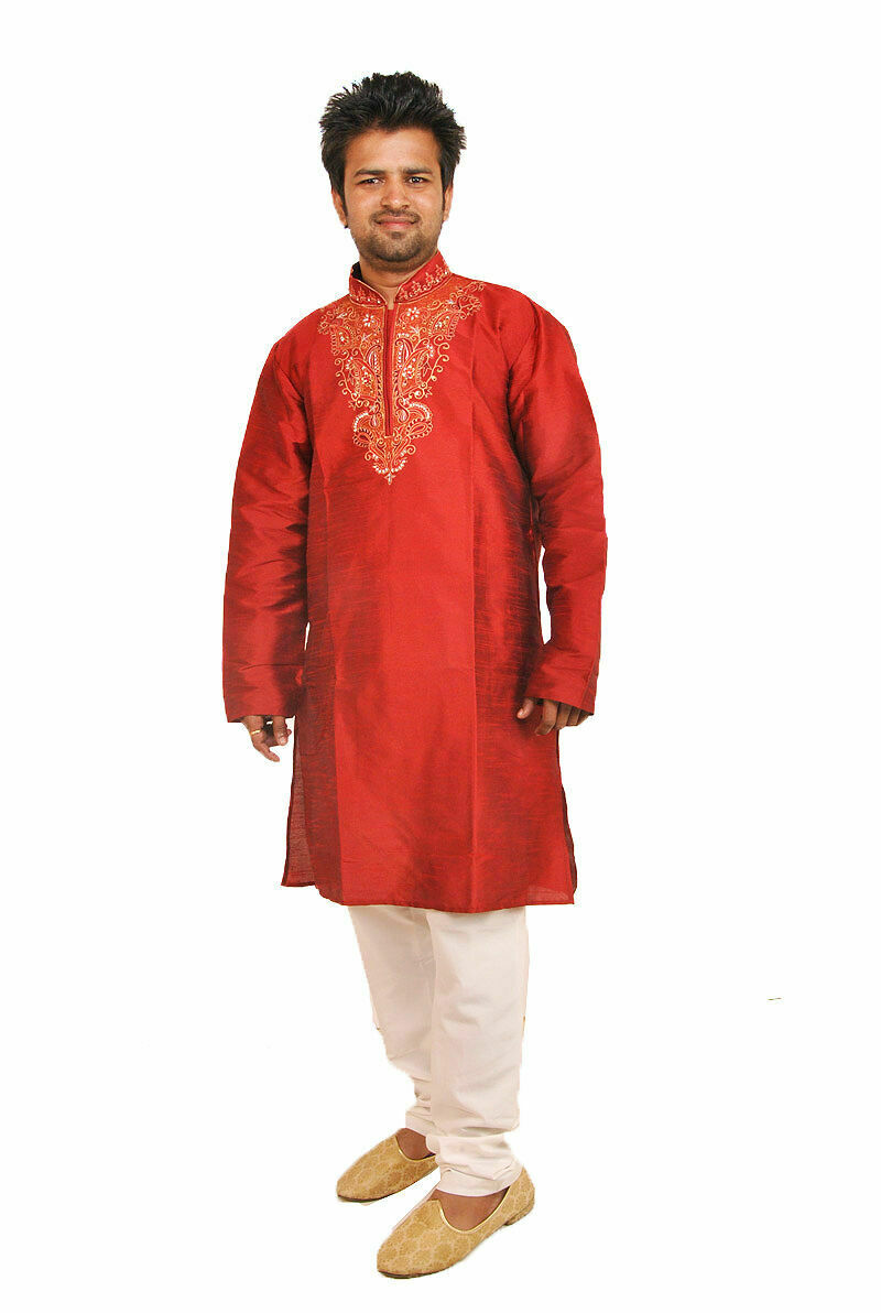 Red Silk Designer Embroidered Indian Dress Wedding Kurta Sherwani Pajama Set