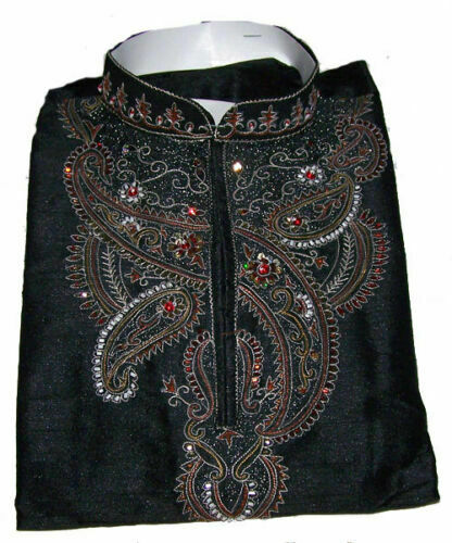 Designer Black Silk Men Kurta Pajama Wedding  Sherwani  Sizes up to 7XL