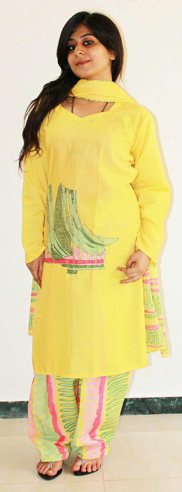 Yellow Exclusive Designer salwar kameez party wear Cotton suit sz 44 Indian