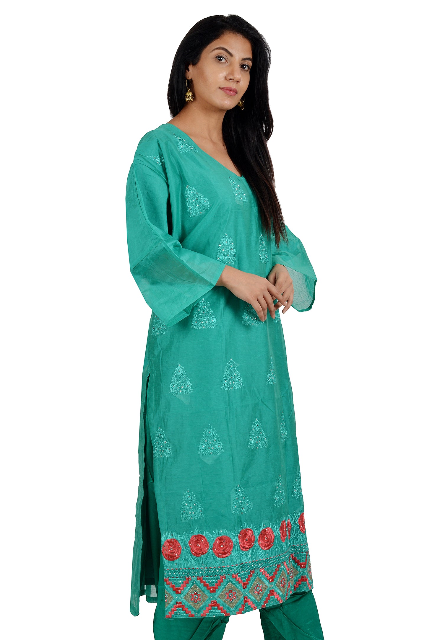 Green Cotton Embroidered Plus Size 56 Salwar Kameez Dress