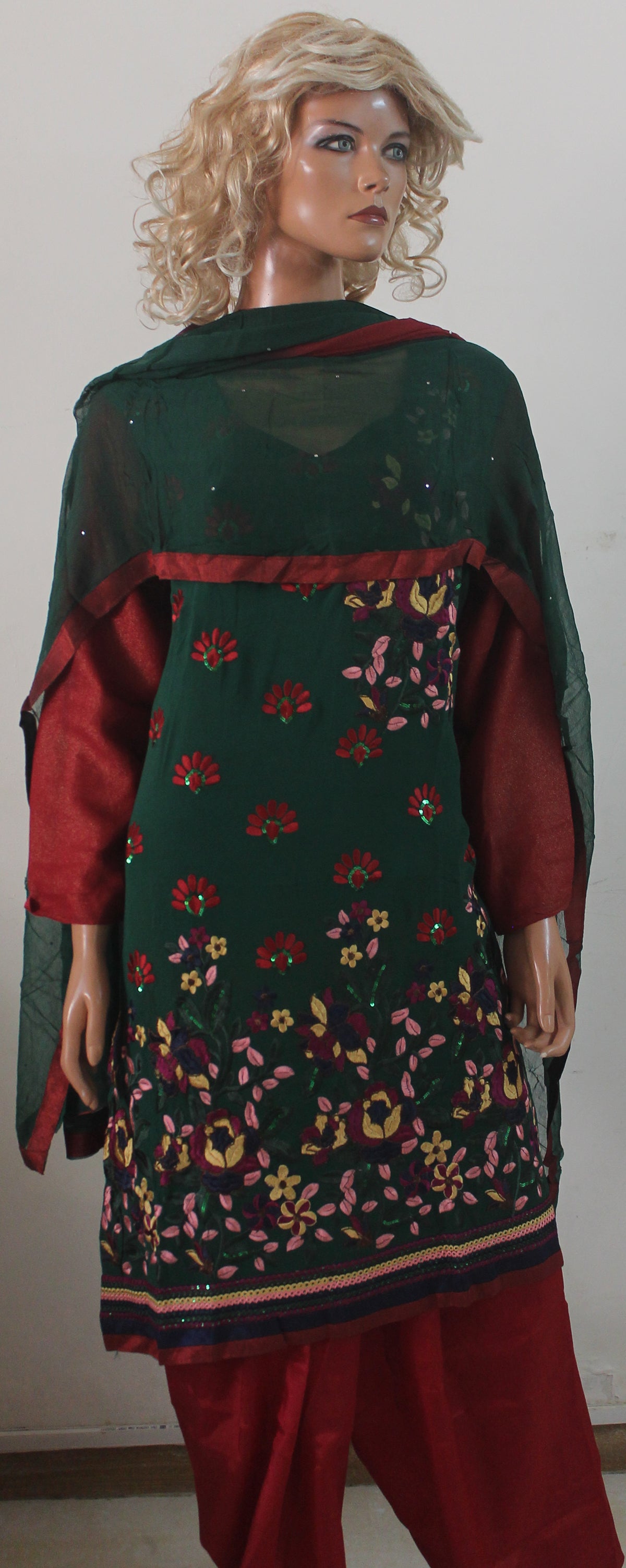Green Red Embroidered Salwar kameez Dress Chest Size 44
