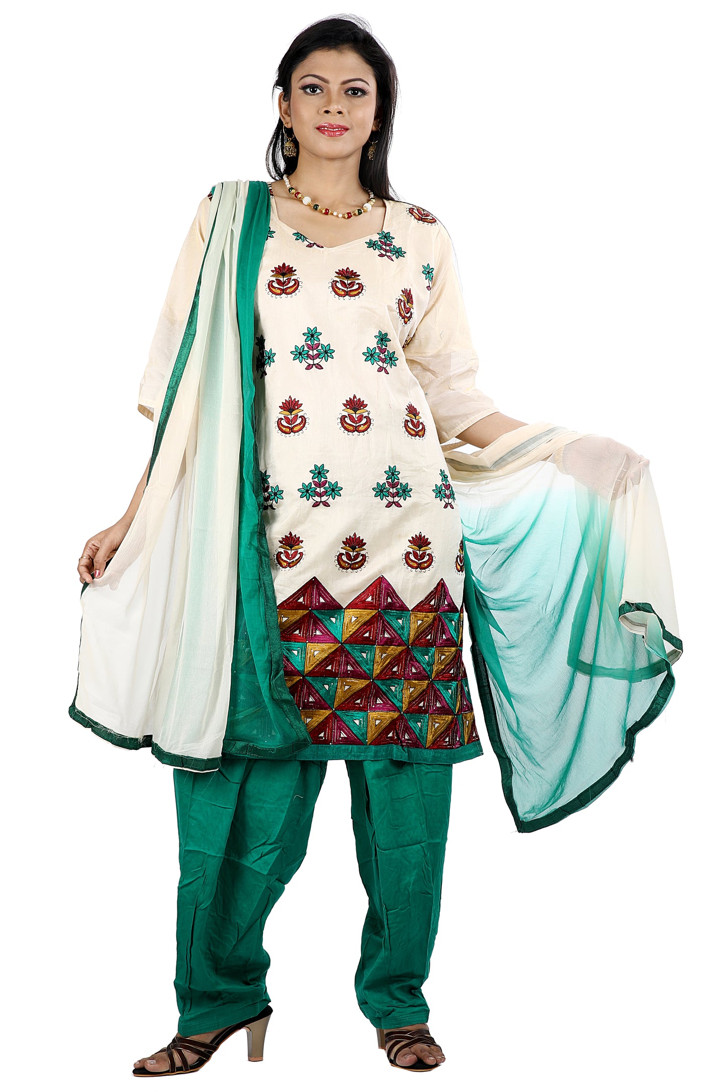 Cream Embroidered Cotton Salwar kameez Dress Plus Size 50