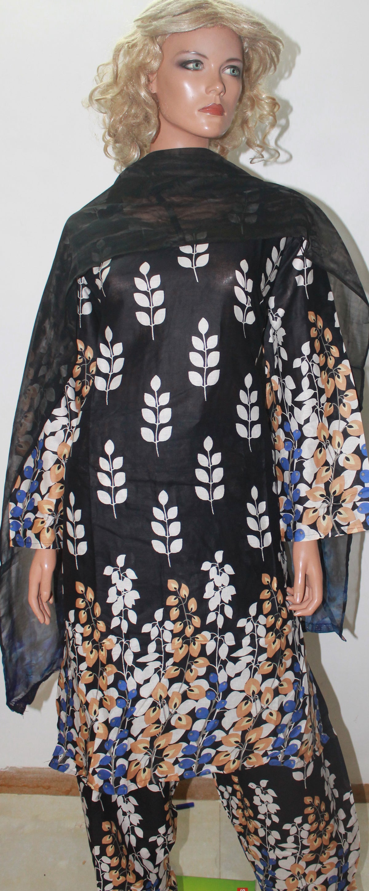 Black Cotton Dress Floral Print Salwar Kameez Plus Sizes 52
