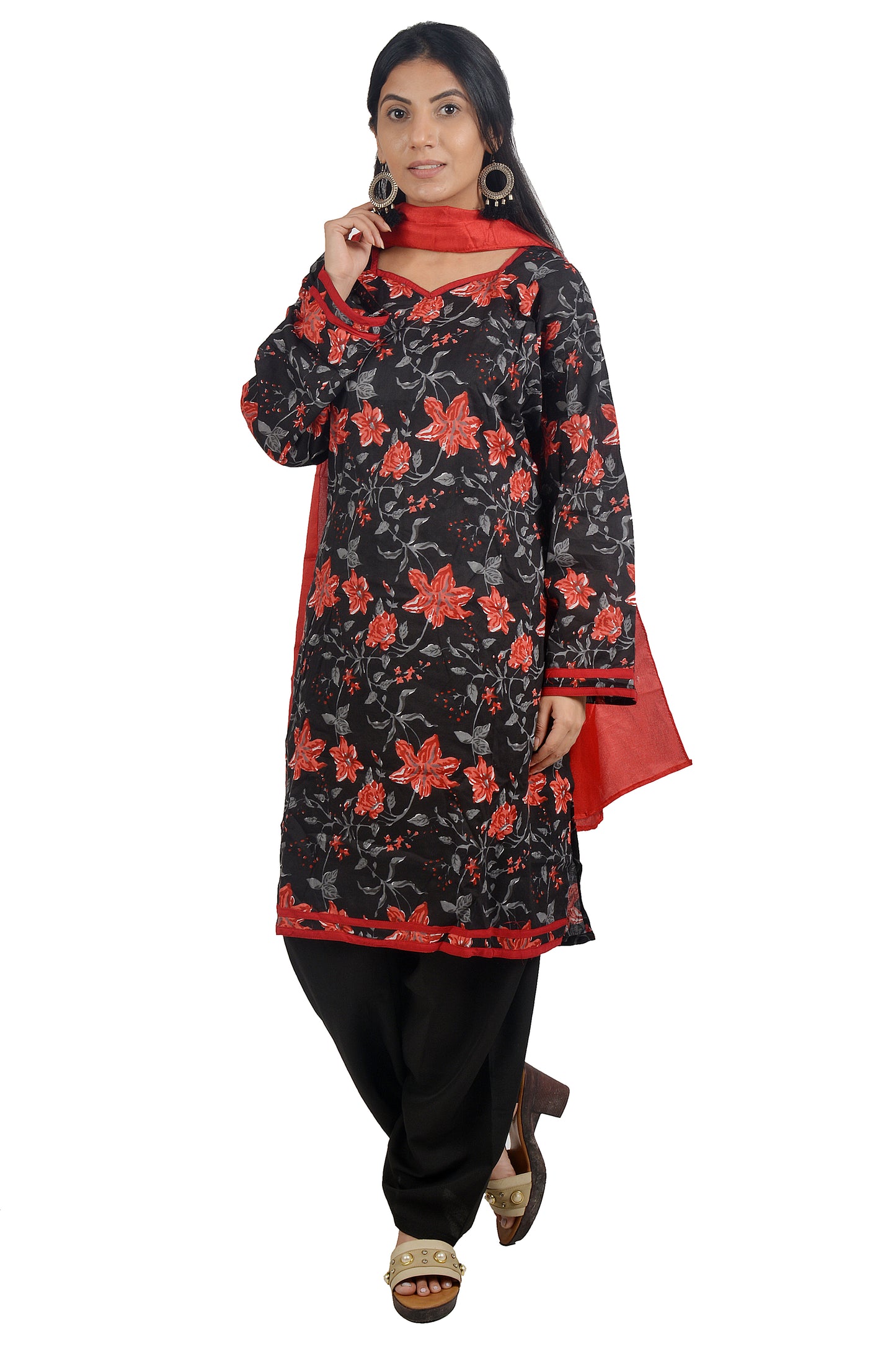 Black  Red Cotton  Floral print  Dress Salwar kameez  Plus chest  Size 50