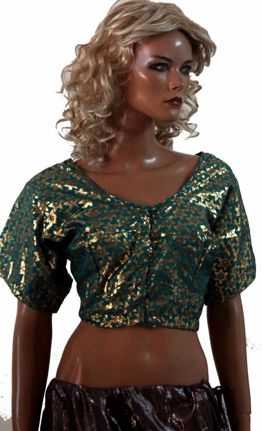 Green Shinny  Bollywood Designer Saree Indian Sari Choli Blouse Crop Top