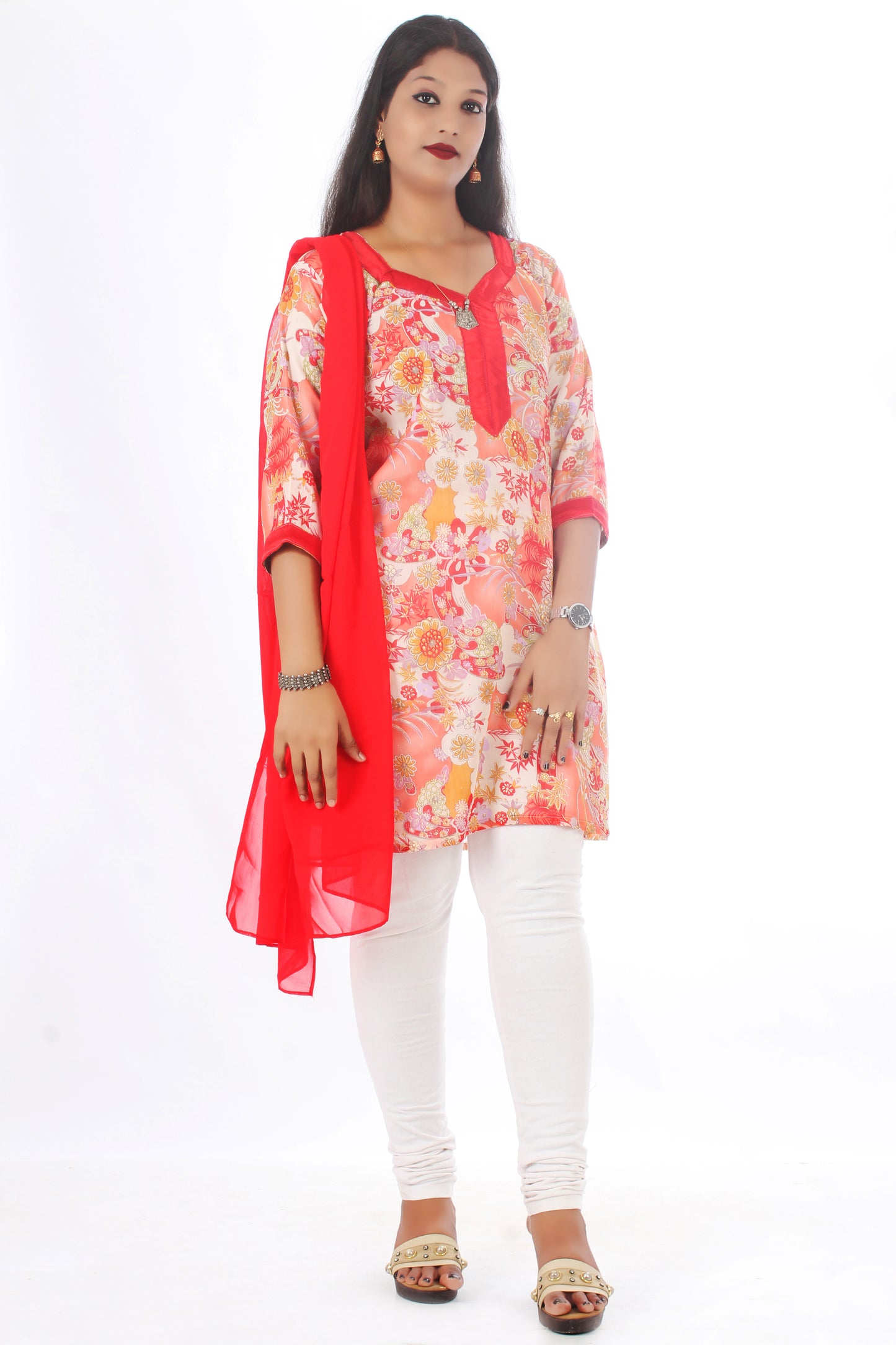 Red  Floral Print Long Kurta Dress Plus Chest size 46 Free Shawl