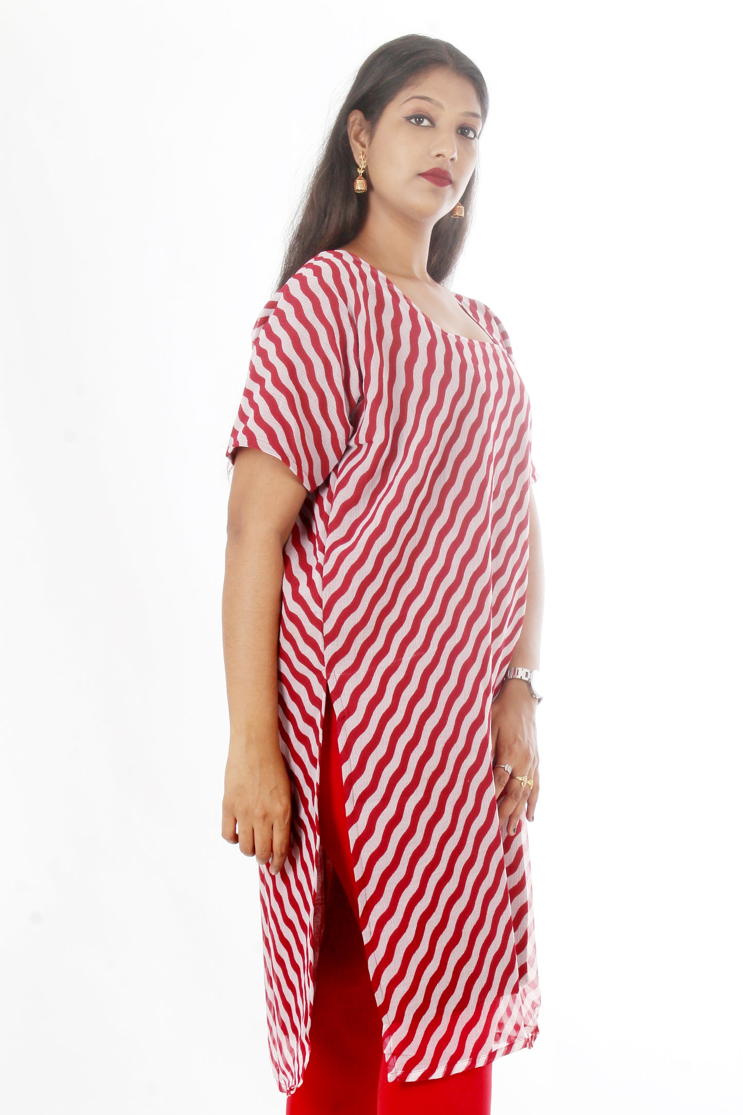 Red  Chiffon Long Kurta Dress Plus Chest 50 Short Sleeves  Free Shawl