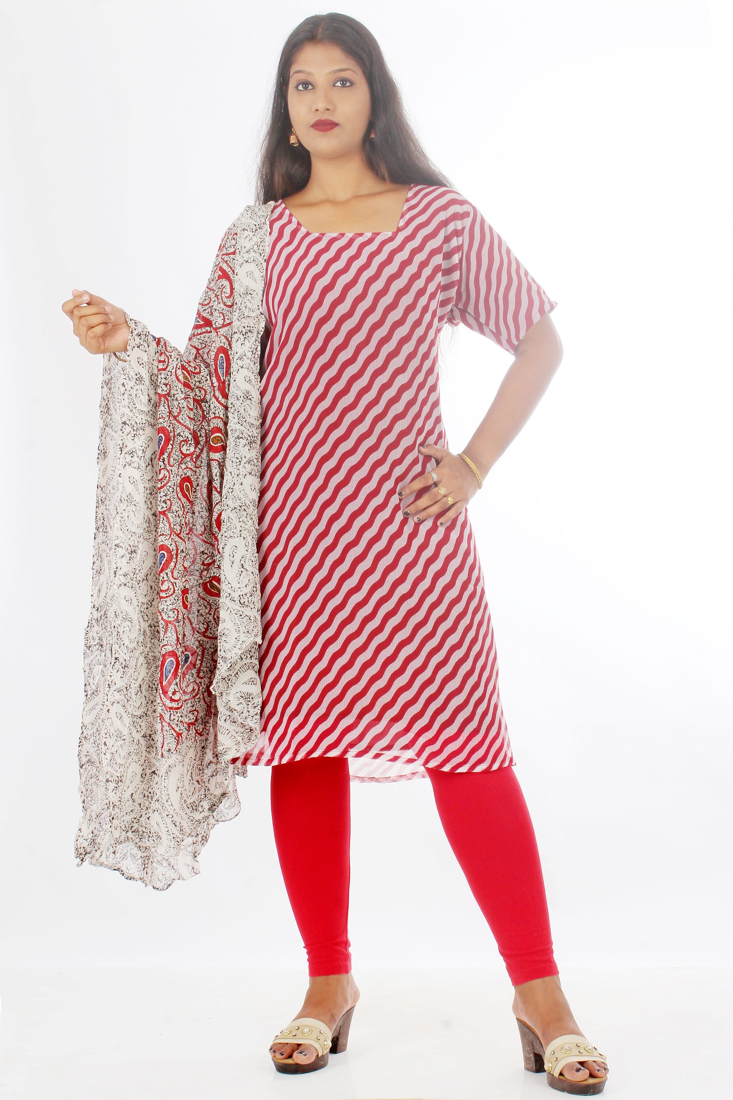 Red  Chiffon Long Kurta Dress Plus Chest 50 Short Sleeves  Free Shawl