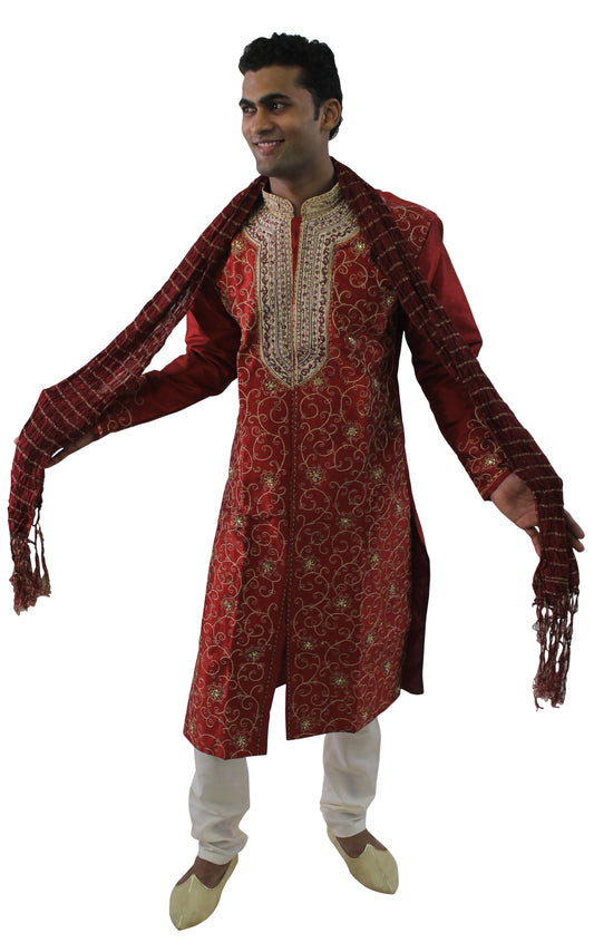 Designer Burgundy Men’s Sherwani with Matching Shawl Plus Sizes up to 8XL in Stock