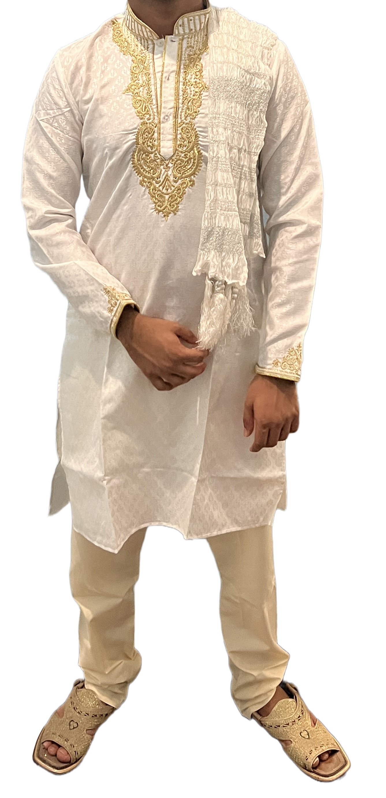 White Men Embroidered Kurta Pajama Shawl Set