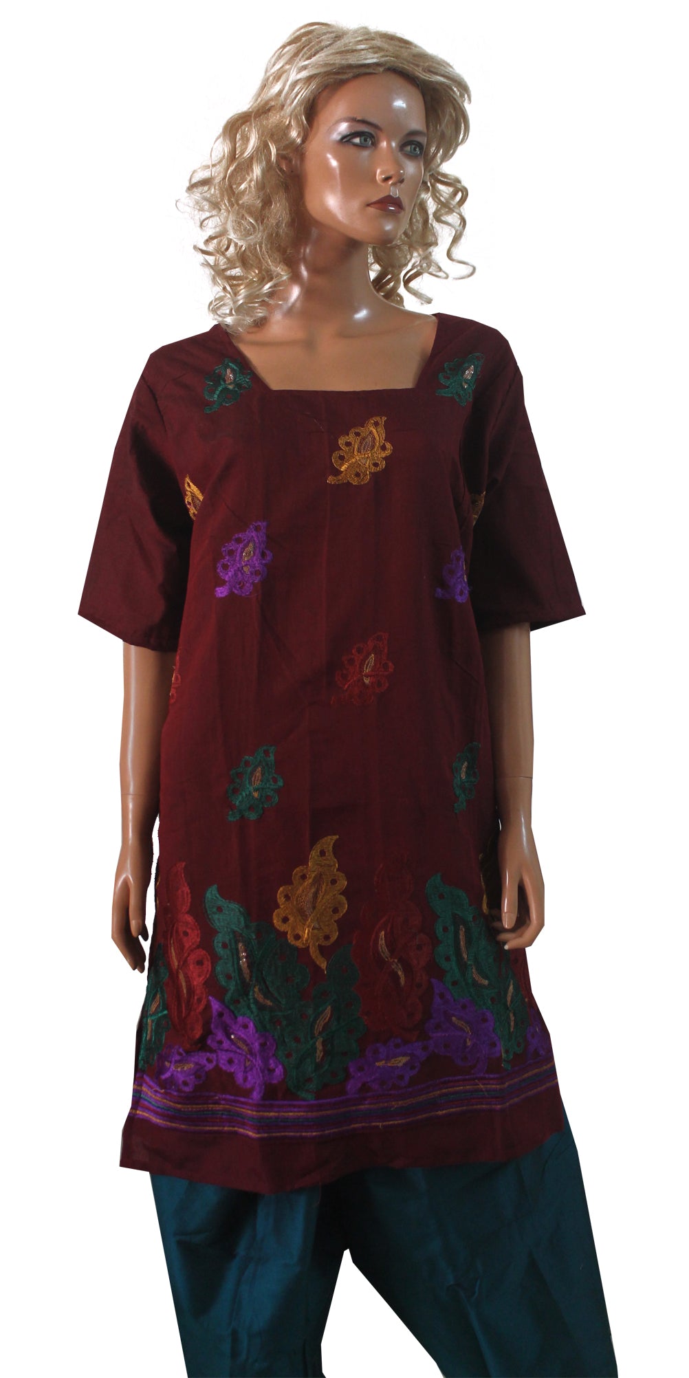 Burgundy Embroidered  Cotton  Salwar kameez Dress Plus Size 52