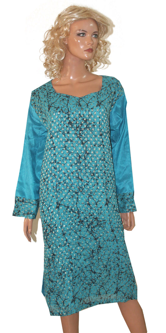 Blue Silk  Long Kurta Top With Free Dupatta & Salwar plus size 56