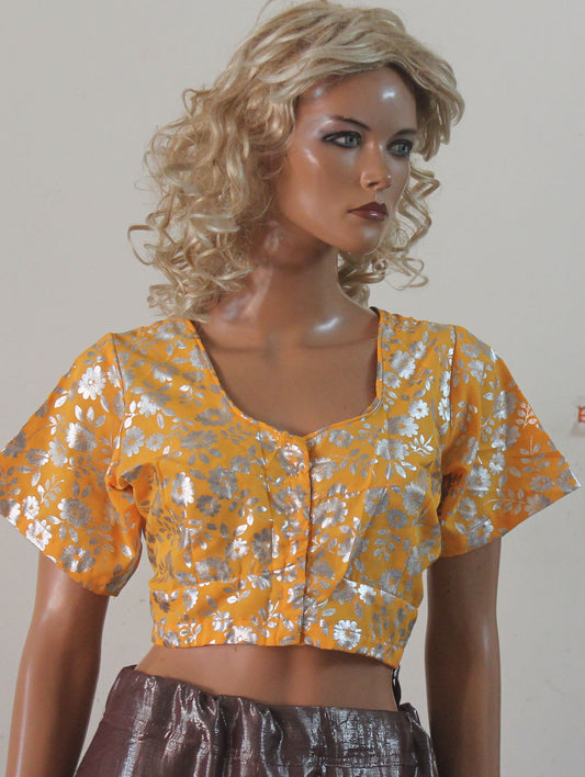 Turmeric Yellow Shinny  Bollywood Designer Saree Indian Sari Choli Blouse Crop Top