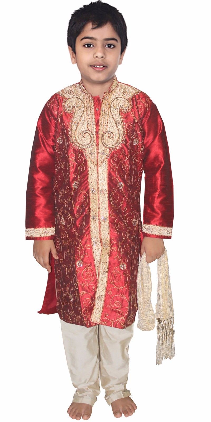 Burgundy Boys Wedding Party Sherwani Set Embroidered Designer Wear Children 3 Pieces Free Shawl